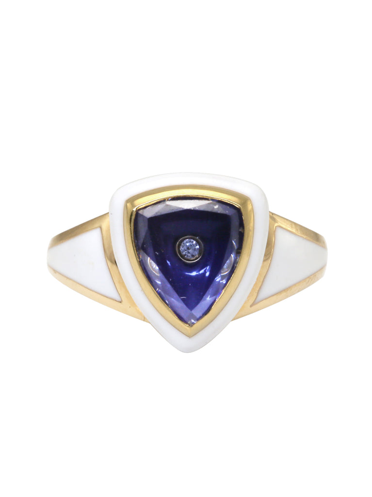 White Enamel with Light Blue Sapphire Shield Ring