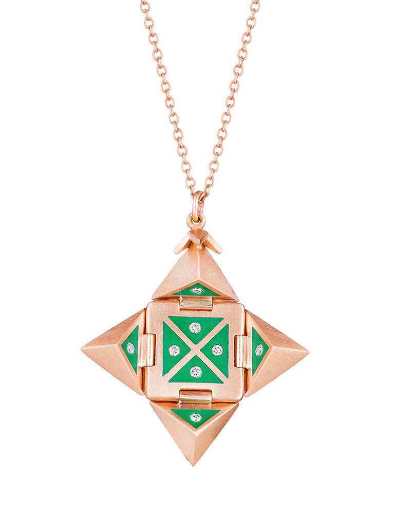 Rose Gold Shield with Green Enamel and Diamonds