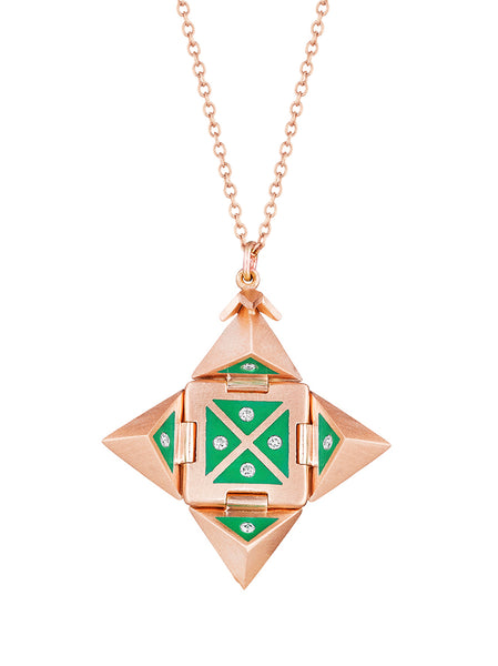 Rose Gold Shield with Green Enamel and Diamonds