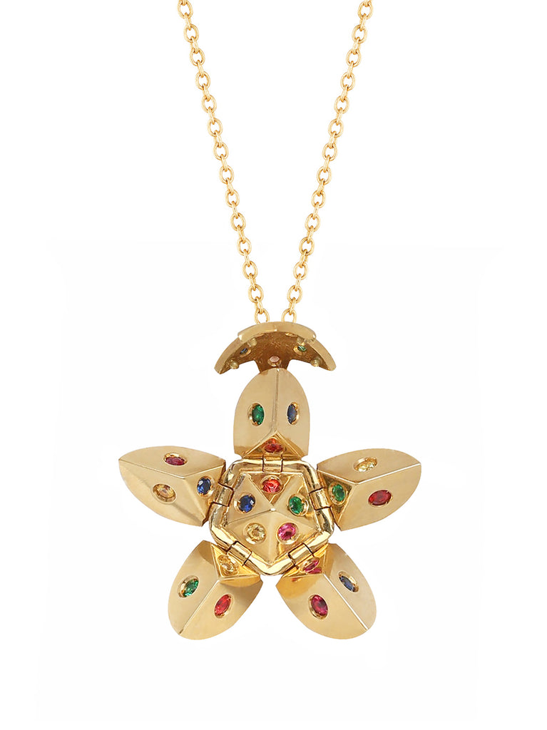 Yellow Gold Petal with Emeralds, Rubies, Blue, Orange, and Yellow Sapphires