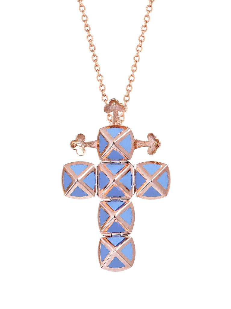 Rose Gold Cross with Light Blue Enamel