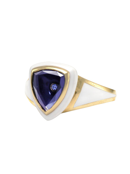 White Enamel with Light Blue Sapphire Shield Ring