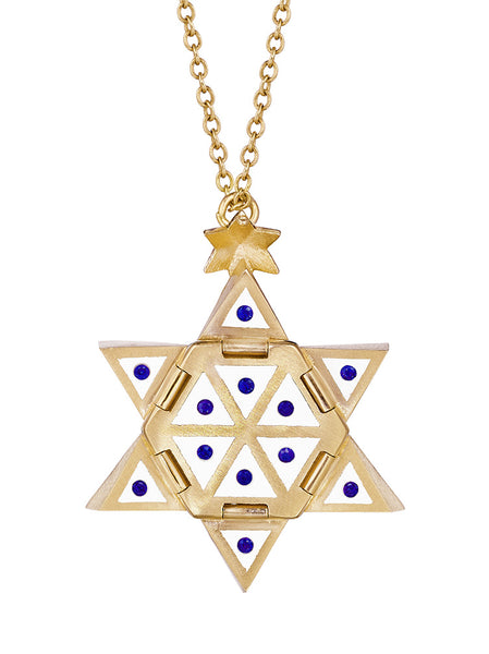 Yellow Gold Star of Creation with White Ceramic and Blue Sapphires