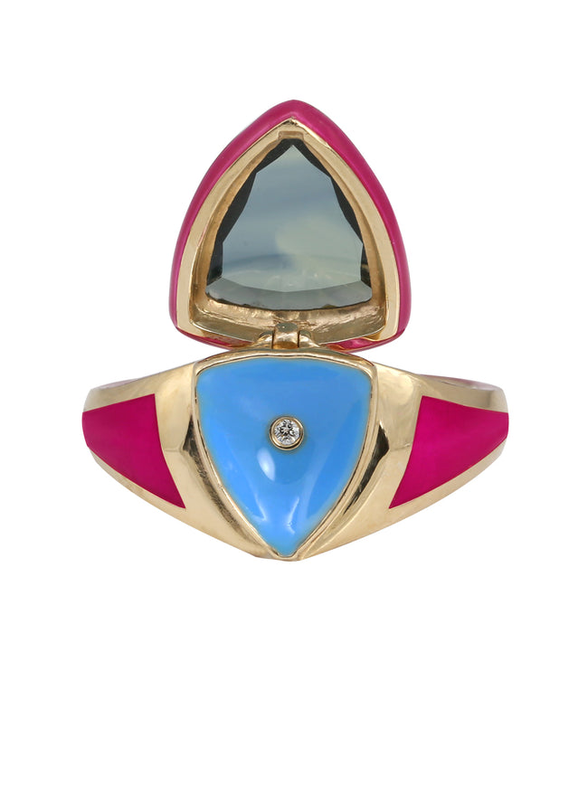 Hot Pink Enamel with Light Green Ombré Sapphire Shield Ring