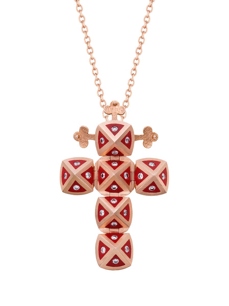 Rose Gold Cross with Red Enamel and Diamonds