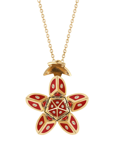 Yellow Gold Petal with Red Enamel and Diamonds