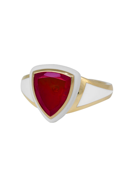 White Enamel with Ruby Shield Ring